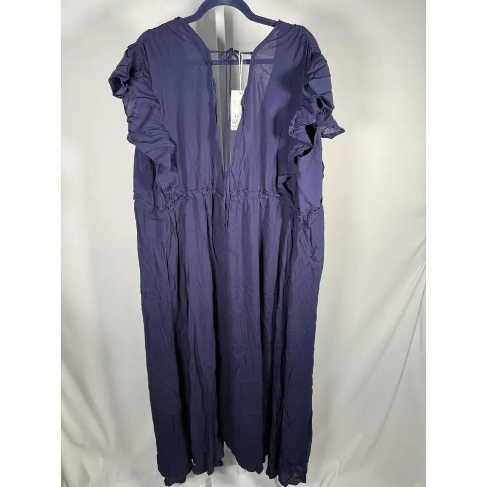 NWT Halara Deep V Neck Butterfly Sleeve Pocket Flowy Maxi Casual Dress Blue XL